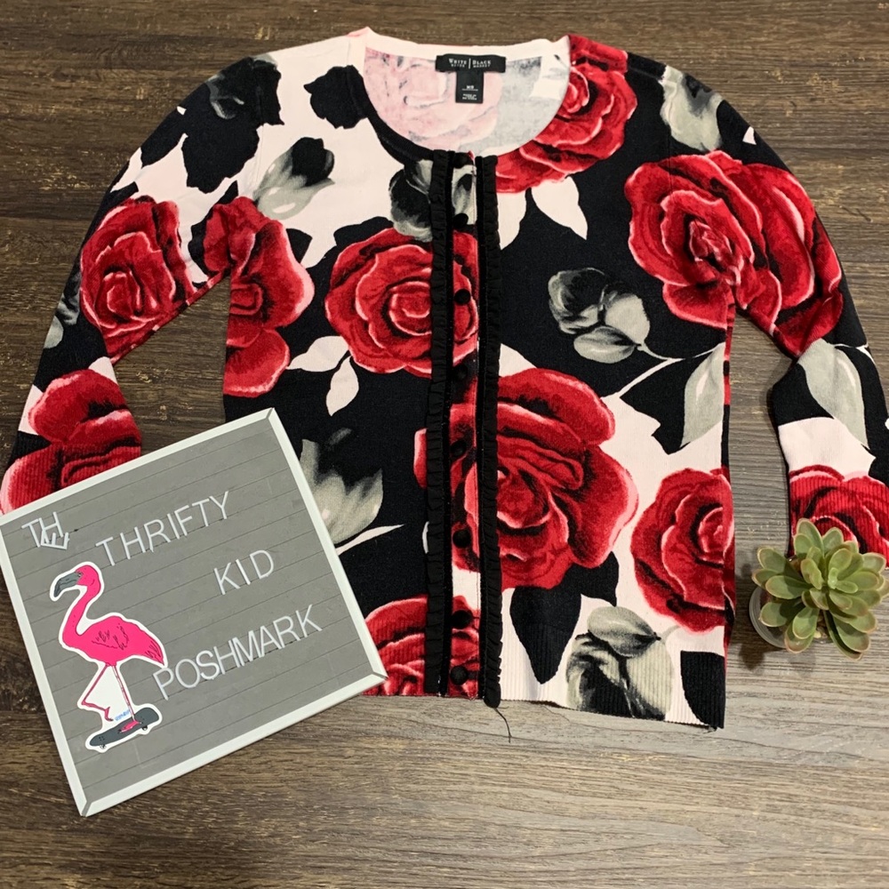 White House Black Market Floral Ruffle Cardigan XS